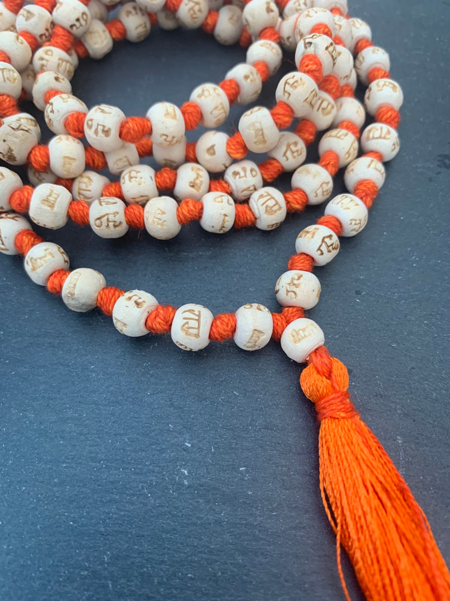 108 Tulsi Holy Basil Hand Knotted Mala engraved Hare Rama Hare Krishna beads Necklace , Yoga Meditation, 8 mm Prayer Beads rosary Om prayer
