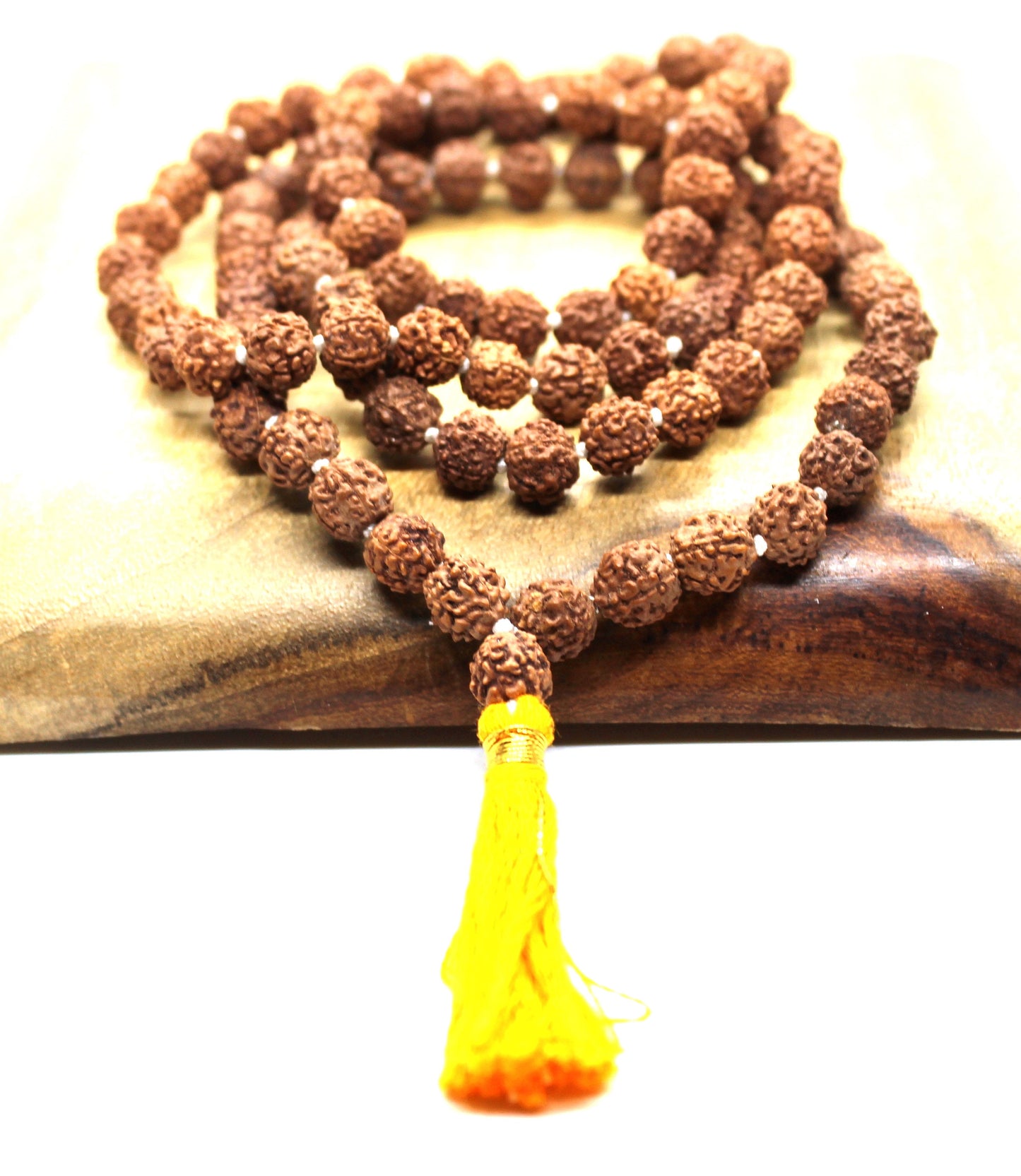 Rudraksha mala 8 mm knotted 108 + 1 prayer beads, Long Orange Tassel necklace, mens mala india, yoga meditation buddhist tibetan prayer mala