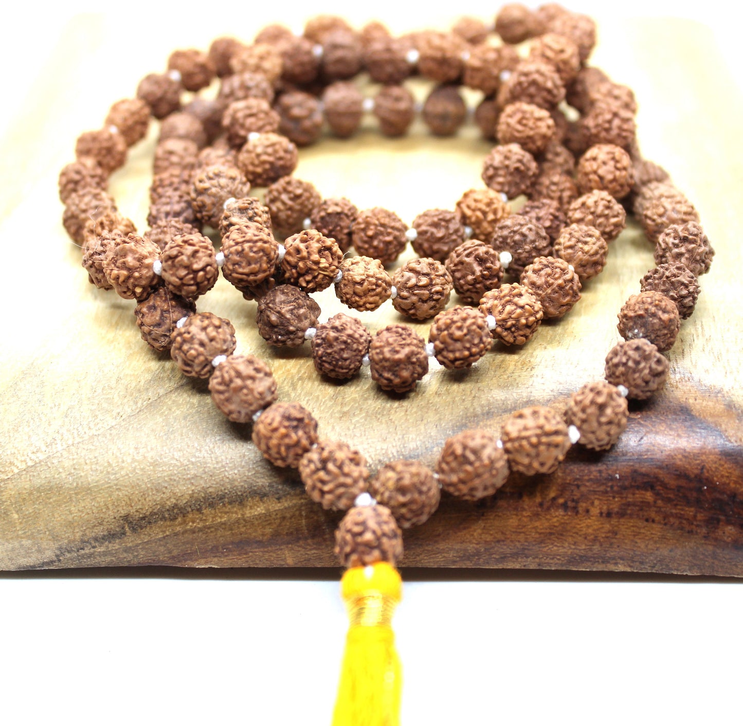 Rudraksha mala 8 mm knotted 108 + 1 prayer beads, Long Orange Tassel necklace, mens mala india, yoga meditation buddhist tibetan prayer mala