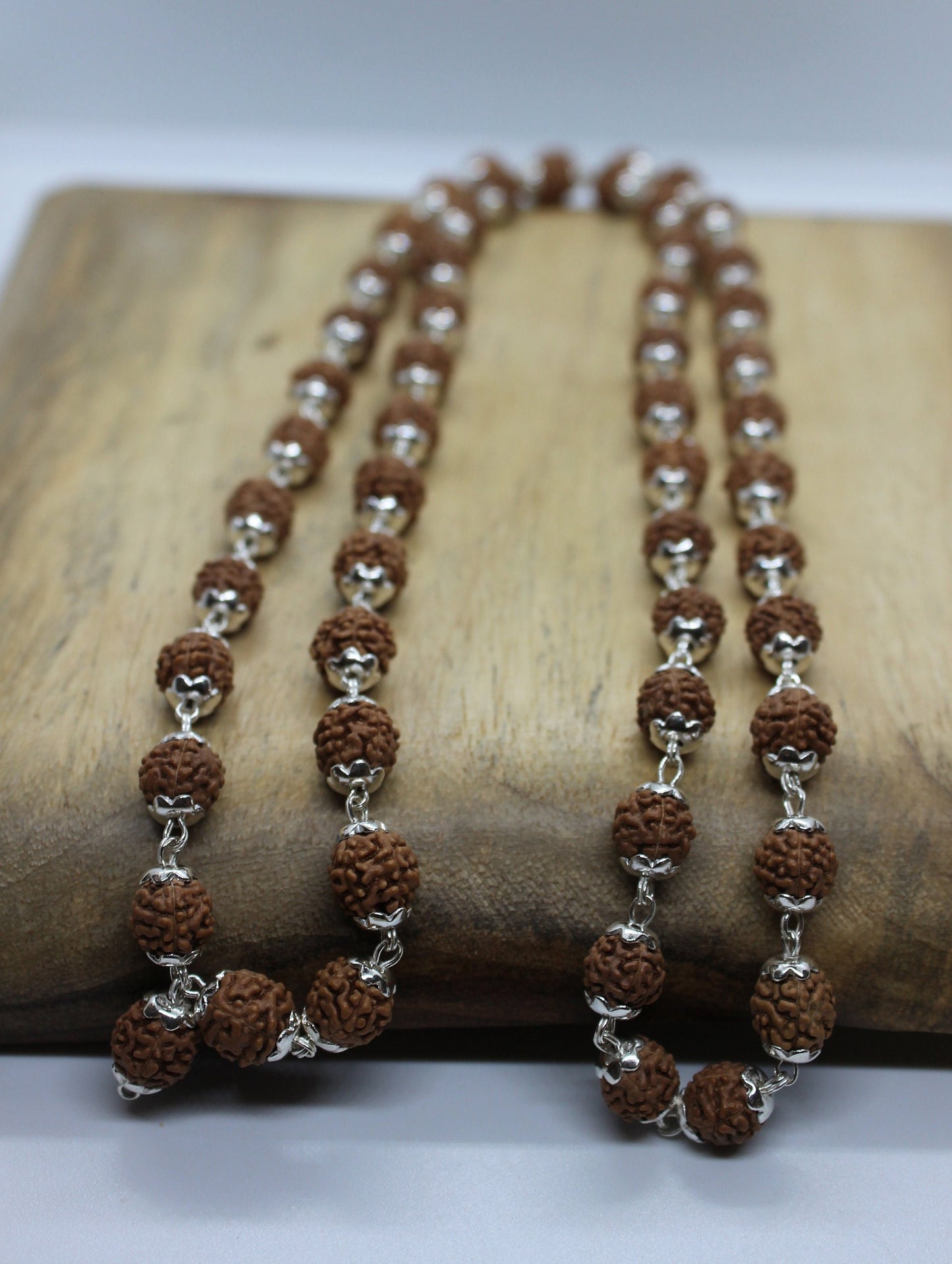 5 Mukhi Rudraksha, Indonesian Beads 925 silver cap Mala, 54 beads Rudraksh Mala Necklace, 8 mm rudraksha Genuine Beads wire wrapped necklace