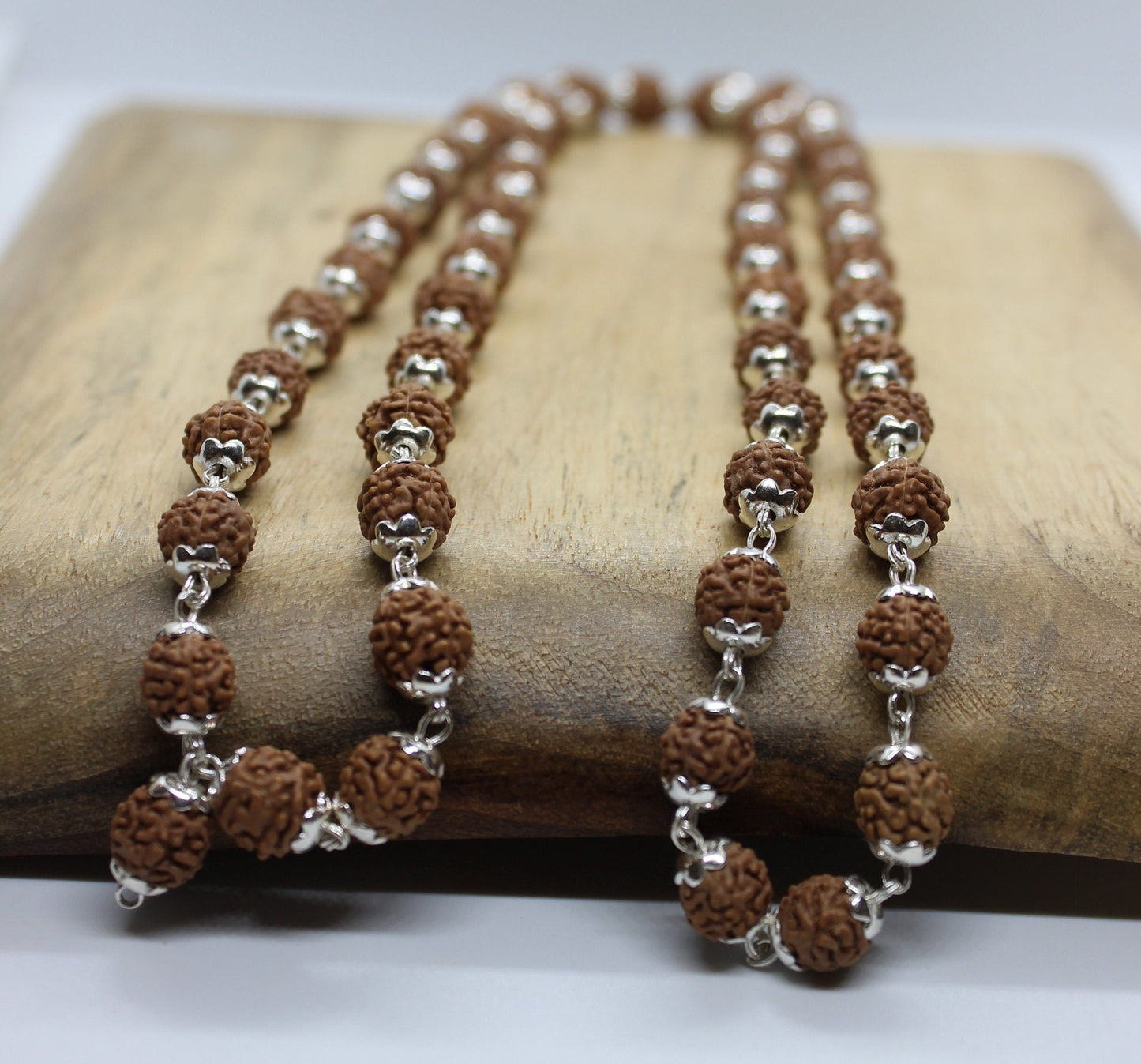 5 Mukhi Rudraksha, Indonesian Beads 925 silver cap Mala, 54 beads Rudraksh Mala Necklace, 8 mm rudraksha Genuine Beads wire wrapped necklace