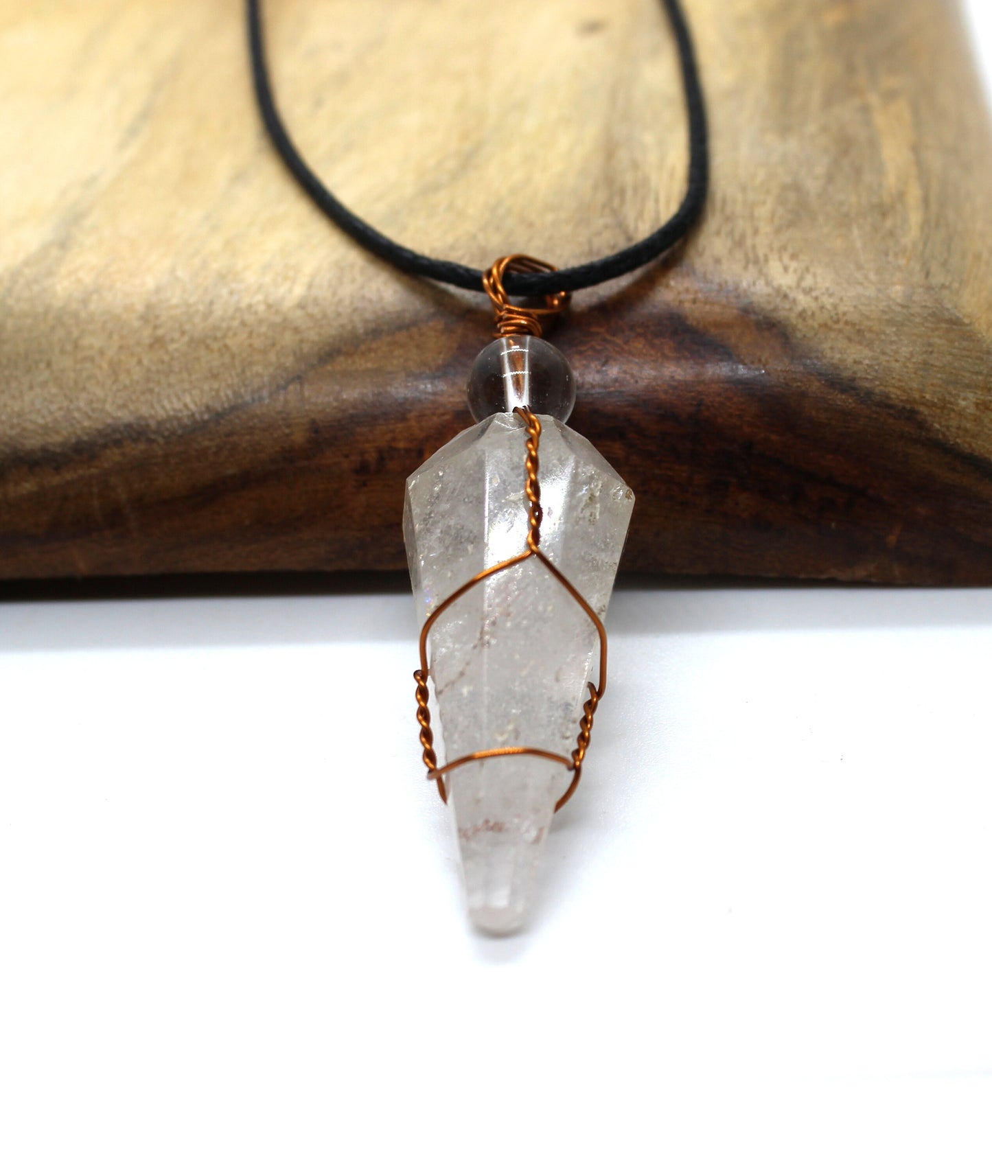 Crystal Quartz Pendant, Natural clear Quartz Crystal Necklace, Wire Wrapped Copper Pendant, Boho Jewelry, Cone shape  Reiki Energy Charged