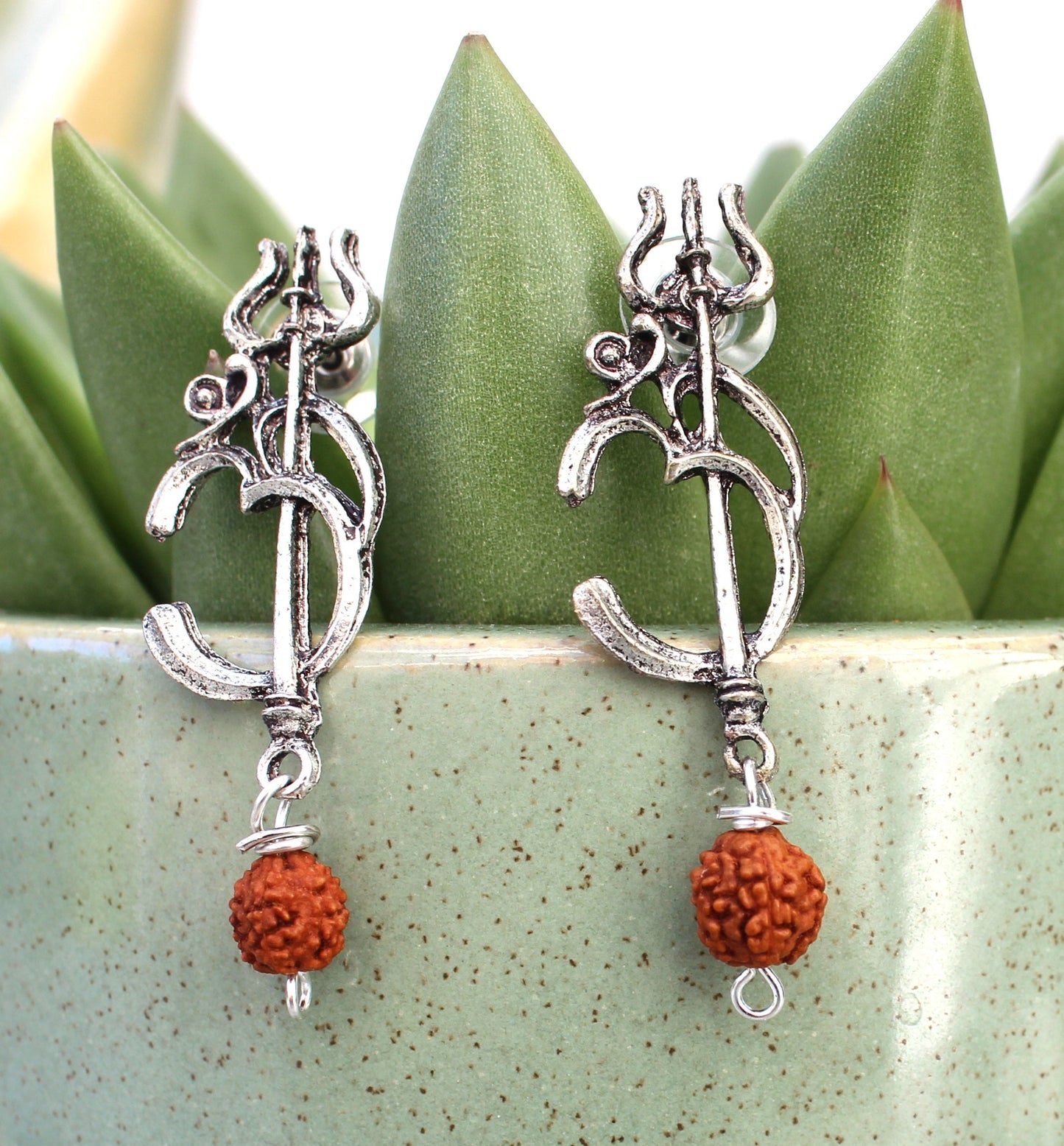 Rudraksha earrings, Trishul Trident Shiva AUM OM Indian earrings, jewelry hinduism, rudraksha jewelry, buddhist earrings, Indian wedding