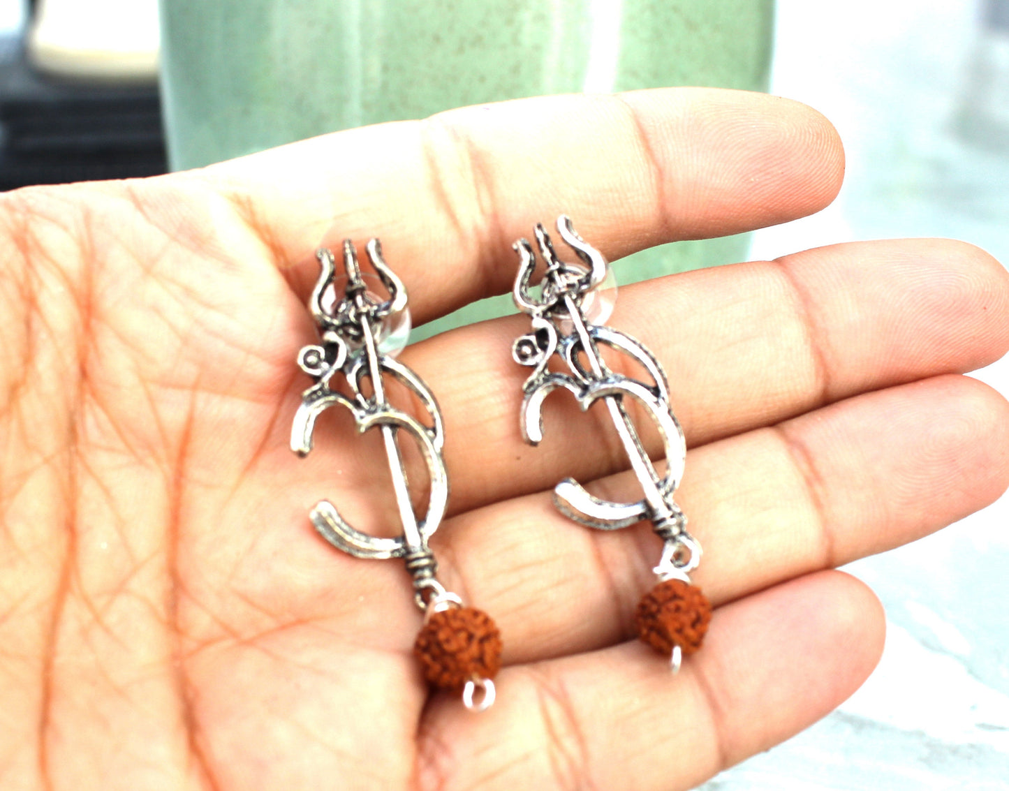 Rudraksha earrings, Trishul Trident Shiva AUM OM Indian earrings, jewelry hinduism, rudraksha jewelry, buddhist earrings, Indian wedding