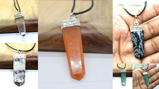 Crystal Quartz Chakra Flat Point Pencil Pendant / Gemstone Pendant / Chakra Pendant Carnelian, Aventurine, Moon stone, Snowflake Obsidian