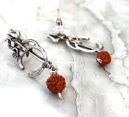 Rudraksha earrings, Trishul Trident Shiva AUM OM Indian earrings, jewelry hinduism, rudraksha jewelry, buddhist earrings, Indian wedding