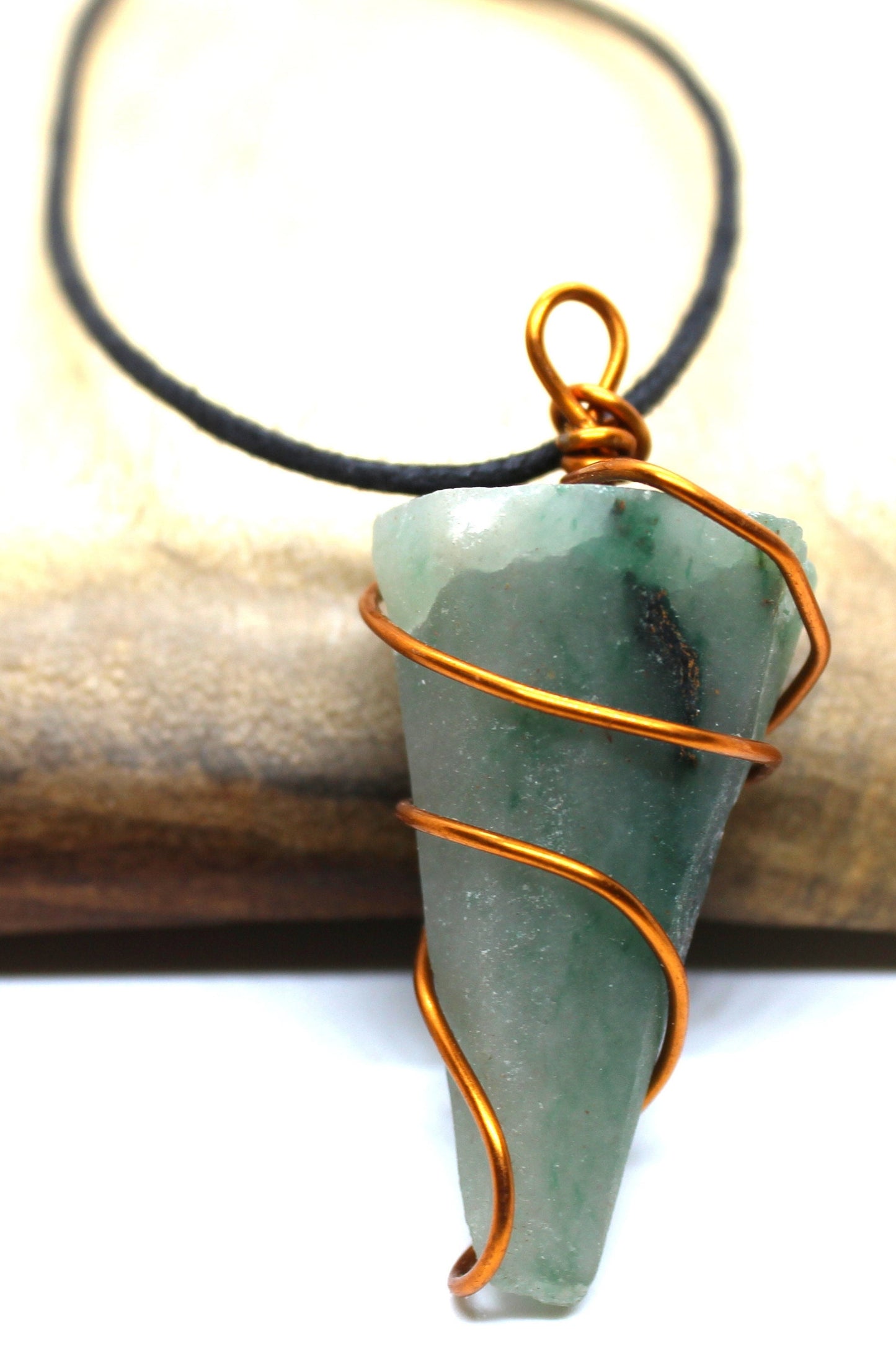 Green jade Copper CONE Pendant, jadeite Reiki Charged Cord Necklace, Green jade necklace, Wire Wrapped Jewellery Gift for him her love stone
