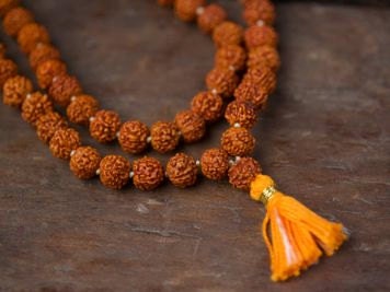 Rudraksha mala 8 mm knotted 108 + 1 prayer beads, Long Orange Tassel necklace, mens mala india, yoga meditation buddhist tibetan prayer mala