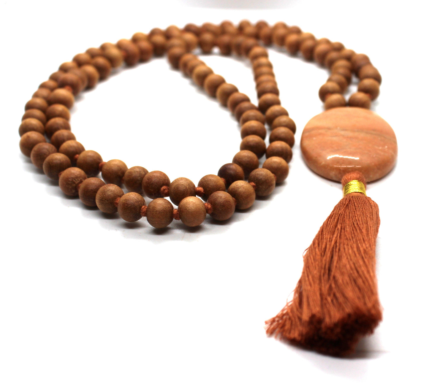 Sandalwood - Orange Aventurine  Mala Necklace 8 mm, Knotted Sandalwood Mala, 108 Japa Mala Beads, Sandalwood Necklace, Buddhist Prayer Beads