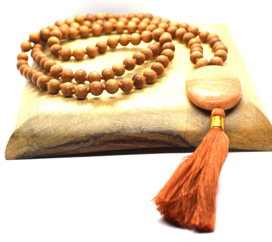 Sandalwood - Orange Aventurine  Mala Necklace 8 mm, Knotted Sandalwood Mala, 108 Japa Mala Beads, Sandalwood Necklace, Buddhist Prayer Beads