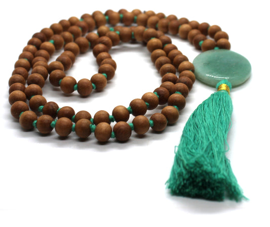 Sandalwood - GREEN AVENTUINE Mala Necklace 8 mm, Knotted Sandalwood Mala, 108 Japa Mala Beads, Sandalwood Necklace, Buddhist Prayer Beads