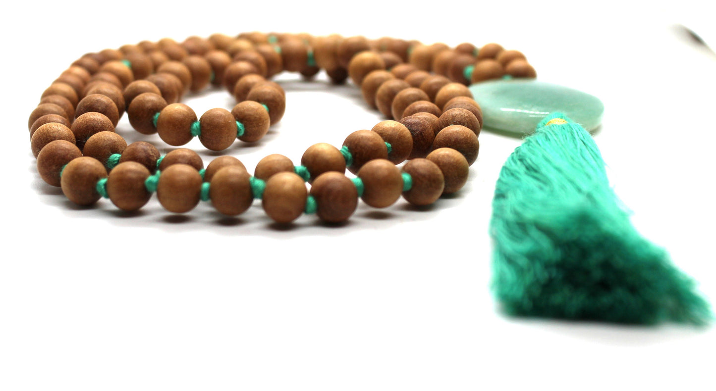 Sandalwood - GREEN AVENTUINE Mala Necklace 8 mm, Knotted Sandalwood Mala, 108 Japa Mala Beads, Sandalwood Necklace, Buddhist Prayer Beads