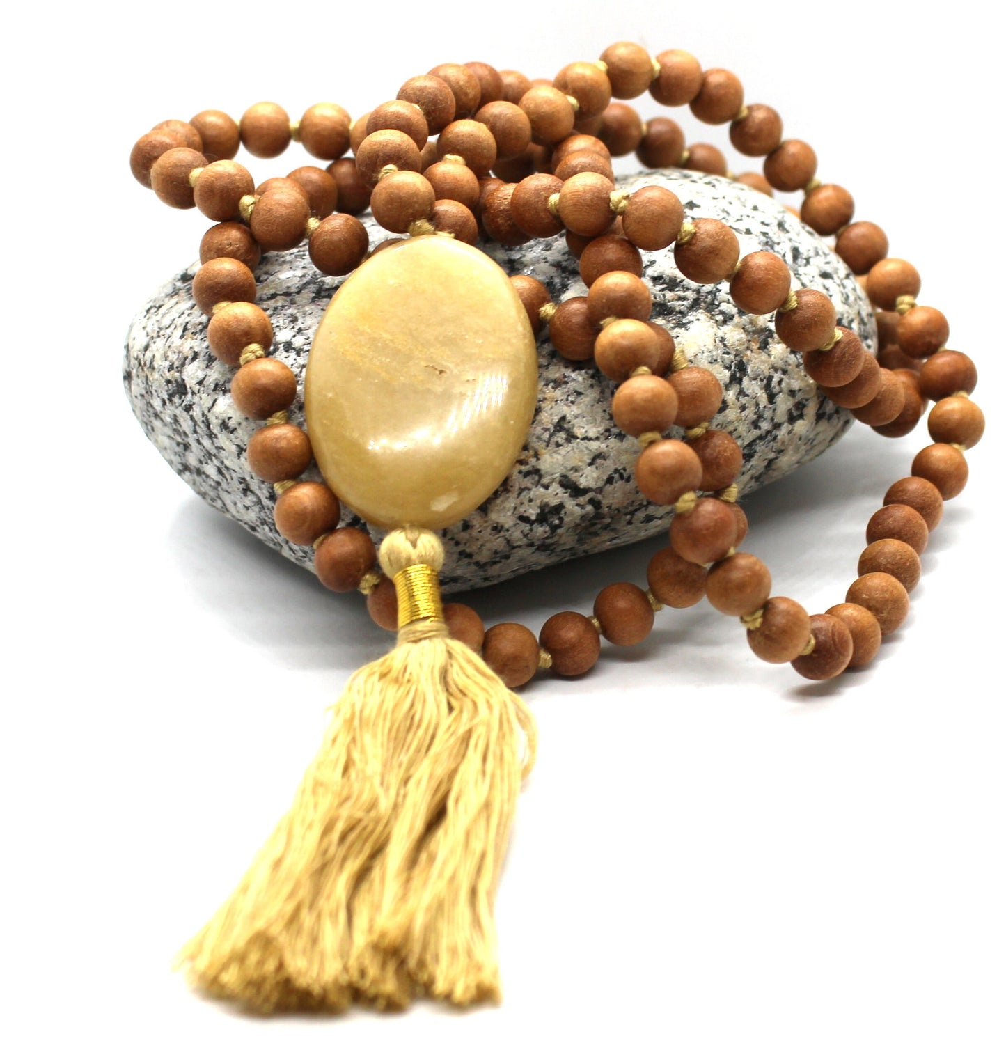 Sandalwood - YELLOW AVENTUINE Mala Necklace 8 mm, Knotted Sandalwood Mala, 108 Japa Mala Beads, Sandalwood Necklace, Buddhist Prayer Beads