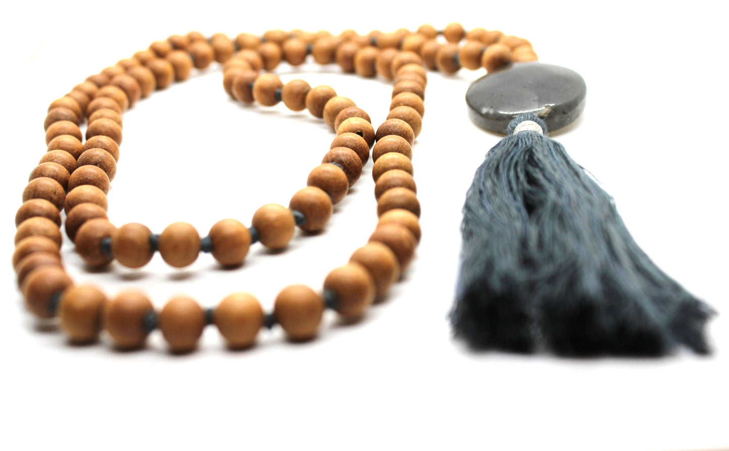 Sandalwood - GREY AVENTUINE Mala Necklace 8 mm, Knotted Sandalwood Mala, 108 Japa Mala Beads, Sandalwood Necklace, Buddhist Prayer Beads