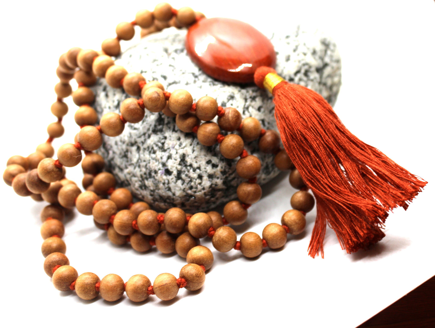 Sandalwood - RED JASPER Mala Necklace 8 mm, Knotted Sandalwood Mala, 108 Japa Mala Beads, Sandalwood Necklace, Buddhist Prayer Beads