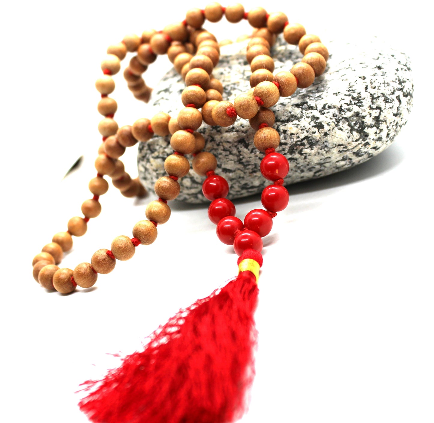 Sandalwood - RED CORAL Mala Necklace 8 mm, Knotted Sandalwood Mala, 108 Japa Mala Beads, Sandalwood Necklace, Buddhist Red Coral Beads