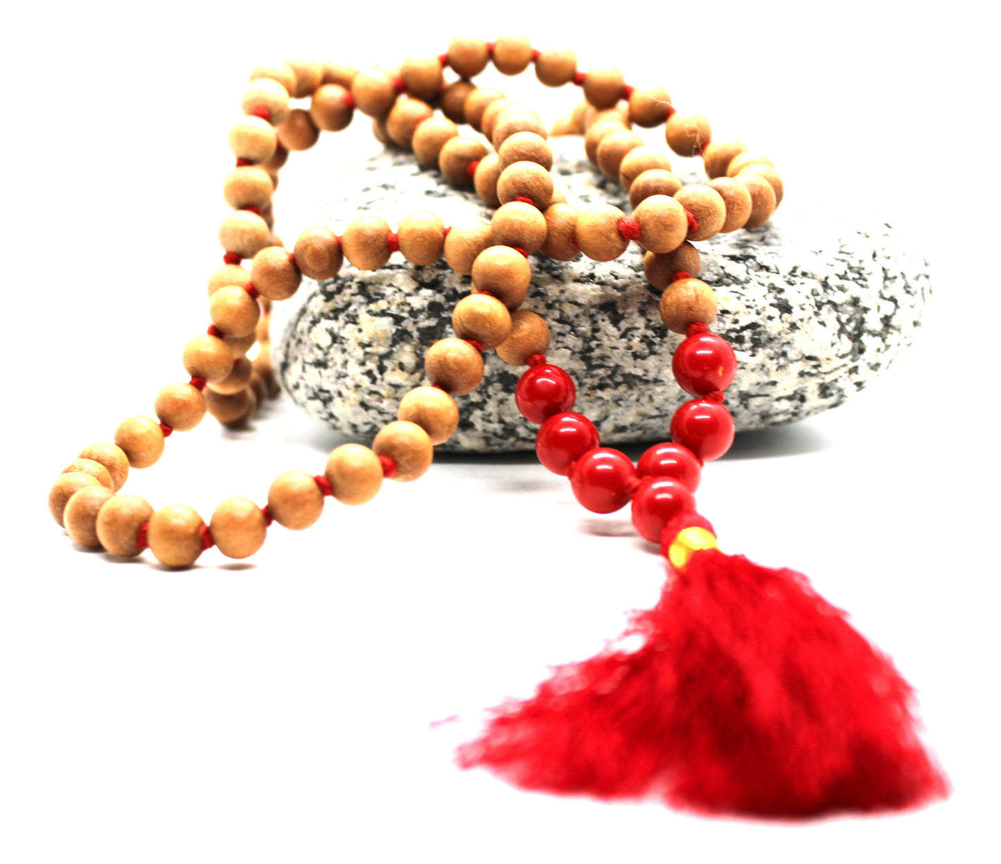 Sandalwood - RED CORAL Mala Necklace 8 mm, Knotted Sandalwood Mala, 108 Japa Mala Beads, Sandalwood Necklace, Buddhist Red Coral Beads