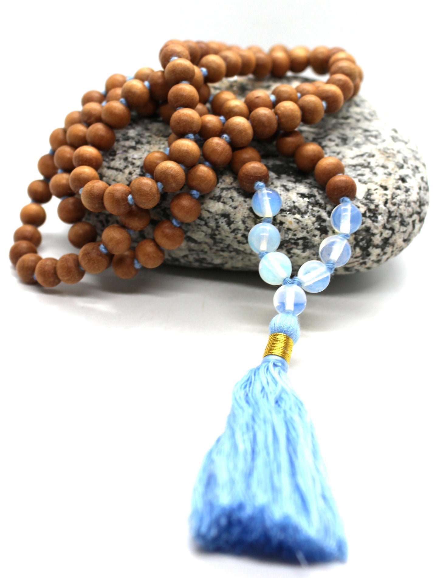 Sandalwood - OPALITE Mala Necklace 8 mm, Knotted Sandalwood Mala, 108 Japa Mala Beads, Sandalwood Opal Necklace, Buddhist Opalite Beads