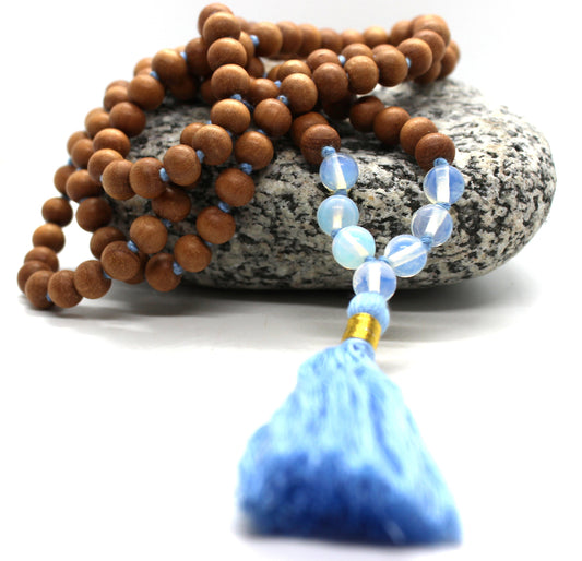 Sandalwood - OPALITE Mala Necklace 8 mm, Knotted Sandalwood Mala, 108 Japa Mala Beads, Sandalwood Opal Necklace, Buddhist Opalite Beads