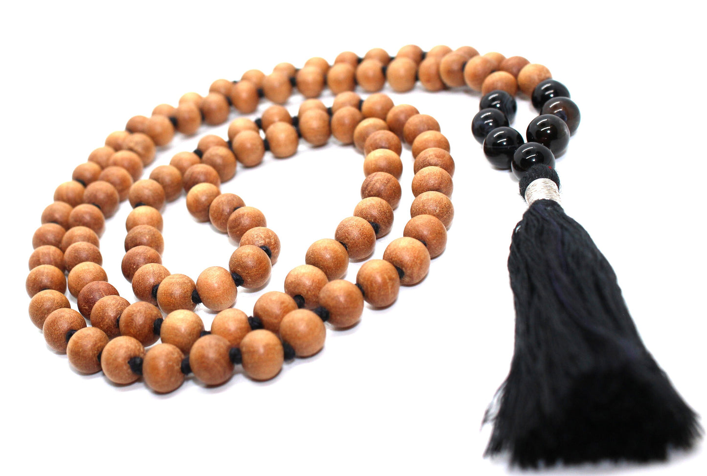 Sandalwood BLACK ONYX Mala Necklace 8 mm, Knotted Sandalwood Mala, 108 Japa Mala Beads, Sandalwood Necklace, Buddhist Black Onyx Beads Yoga