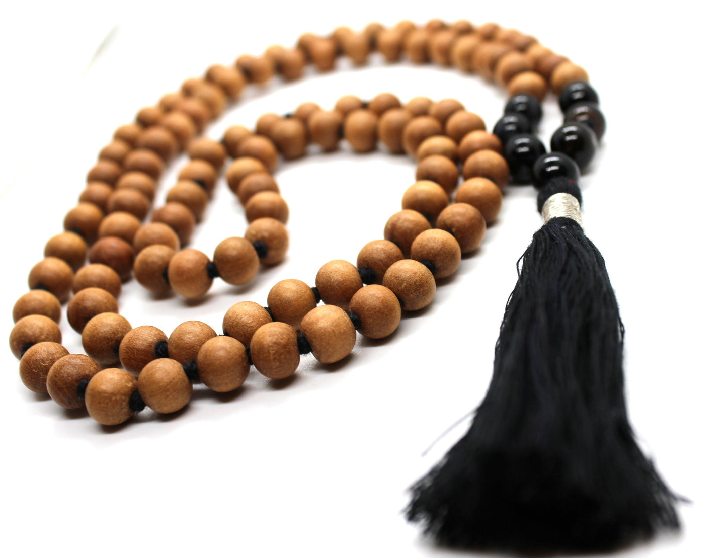 Sandalwood BLACK ONYX Mala Necklace 8 mm, Knotted Sandalwood Mala, 108 Japa Mala Beads, Sandalwood Necklace, Buddhist Black Onyx Beads Yoga