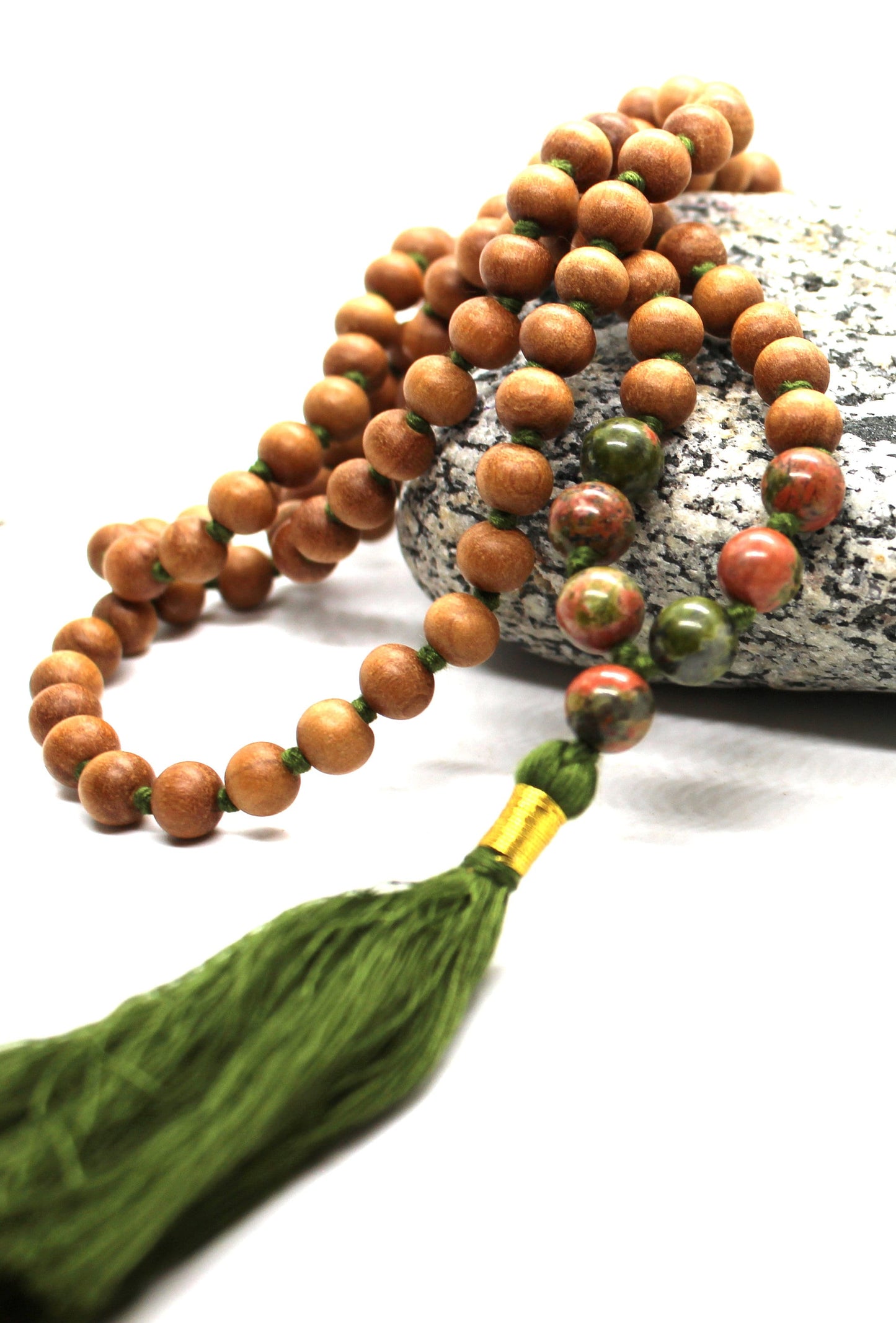 Sandalwood UNAKITE Mala Necklace 8 mm, Knotted Sandalwood Mala, 108 Japa Mala Beads, Sandalwood Necklace, Buddhist Unakite Pink Green Beads