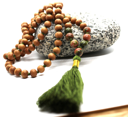 Sandalwood UNAKITE Mala Necklace 8 mm, Knotted Sandalwood Mala, 108 Japa Mala Beads, Sandalwood Necklace, Buddhist Unakite Pink Green Beads