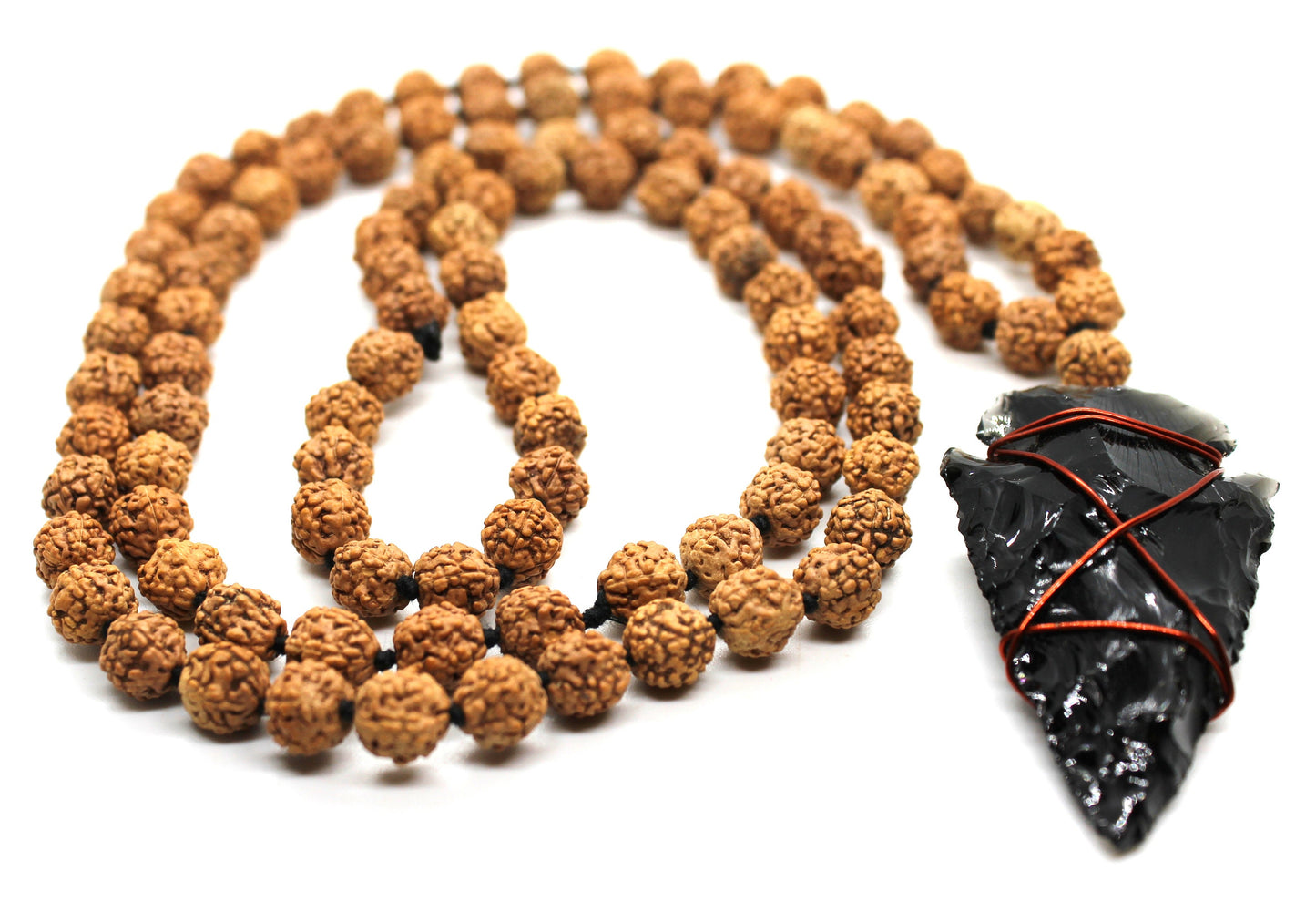 Rudraksha Mala, 5 Mukhi Mala, Rudraksh Meditation Mala Rosary 108 Beads with Black obsidian ARROW head Yoga Hindu PRAYER MEDITATION Raiki