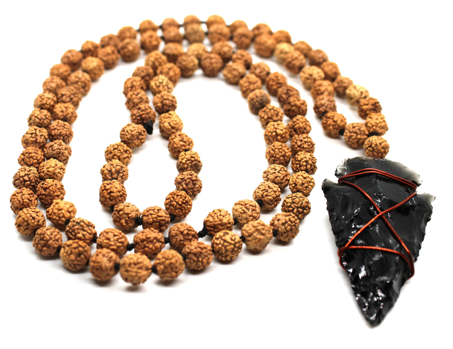 Rudraksha Mala, 5 Mukhi Mala, Rudraksh Meditation Mala Rosary 108 Beads with Black obsidian ARROW head Yoga Hindu PRAYER MEDITATION Raiki