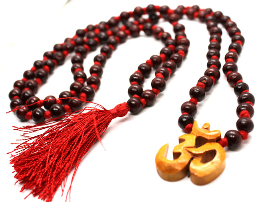 Rosewood Knotted Mala 108+1 Beads with wooden OM charm - Handmade knotted rosewood Mala necklace- yoga meditation beads - 8MM Rosewood Mala