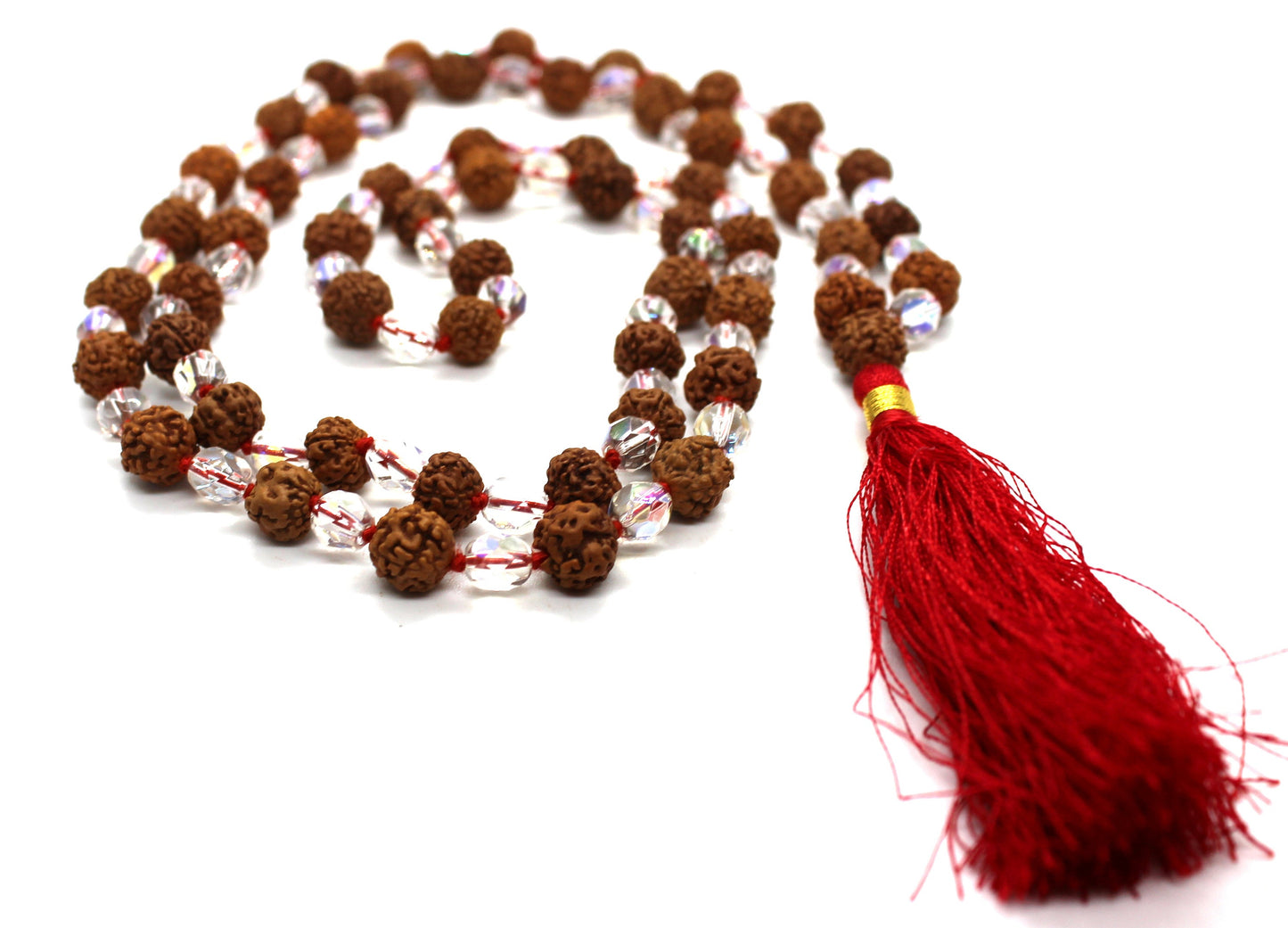 Rudraksha & Diamond cut Fire glass beads Mala, rudraksha Mala, Rudraksha necklace,  108 Beads Mala - Tassel Mala - Prayer Beads, YOGA MALA