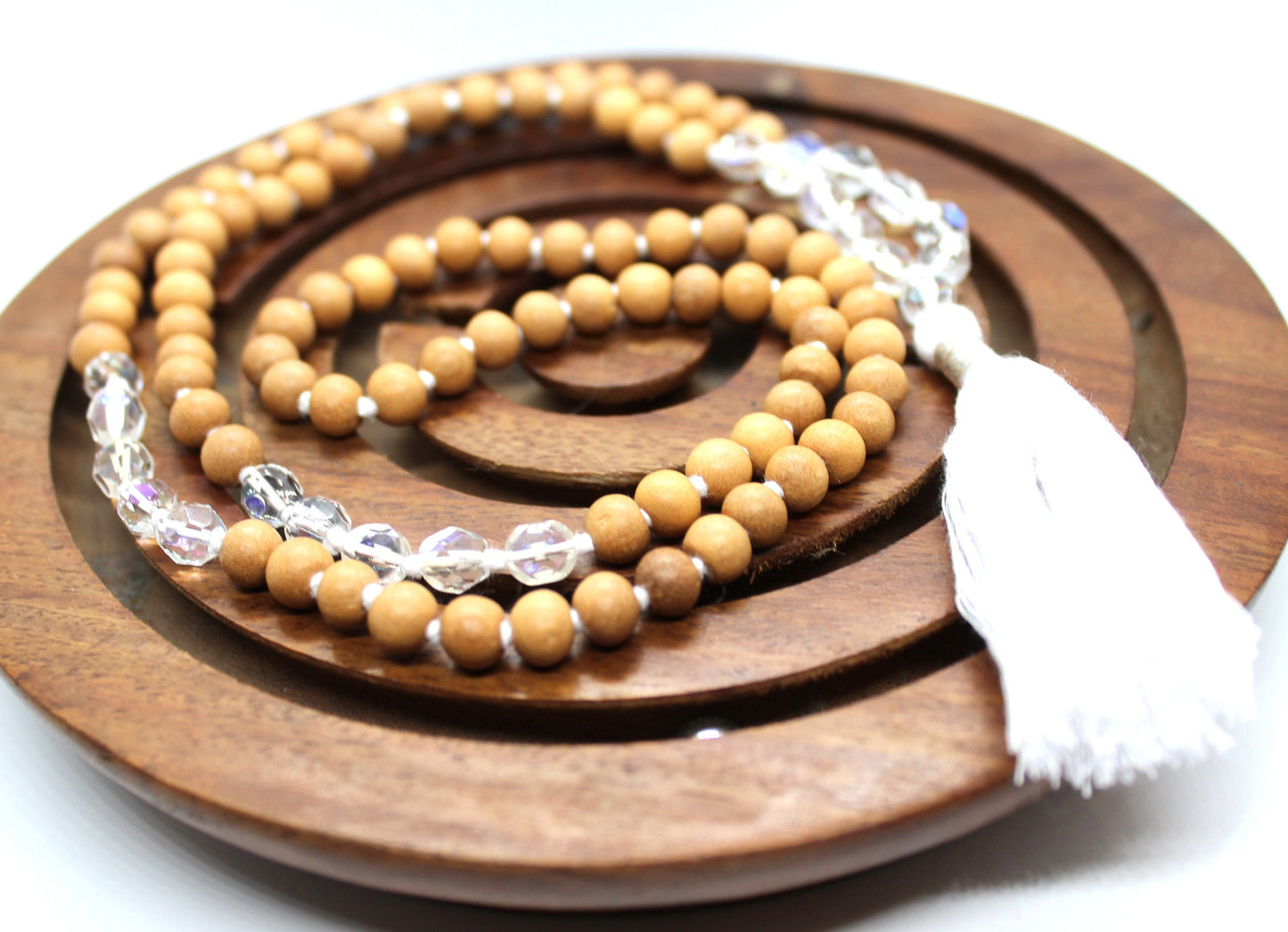 Sandalwood mala 6mm, 108 beads rosary, sandalwood japa with diamond cut fire glass beads necklace, hindu meditation buddhist prayer beads