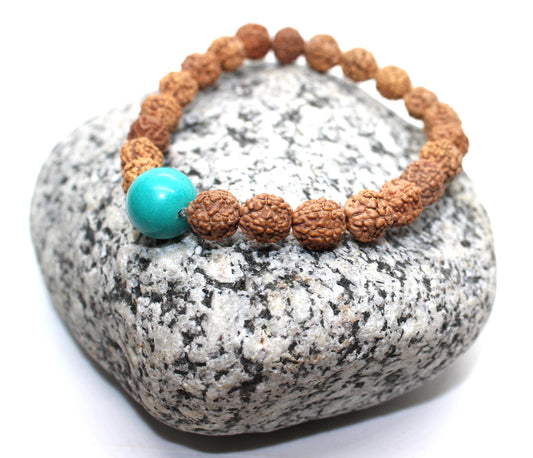 Rudraksha Seeds Beaded Elasticated Bracelet, Rudraksha TURQUOISE Elastic Wristband Mala band Yoga Meditation Band Om Charm Shiva Bracelet