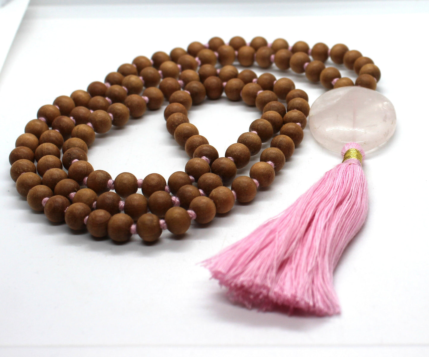 Sandalwood - Rose Quartz Mala Necklace 8 mm, Knotted Sandalwood Mala, 108 Japa Mala Beads, Sandalwood Necklace, Buddhist Prayer Beads