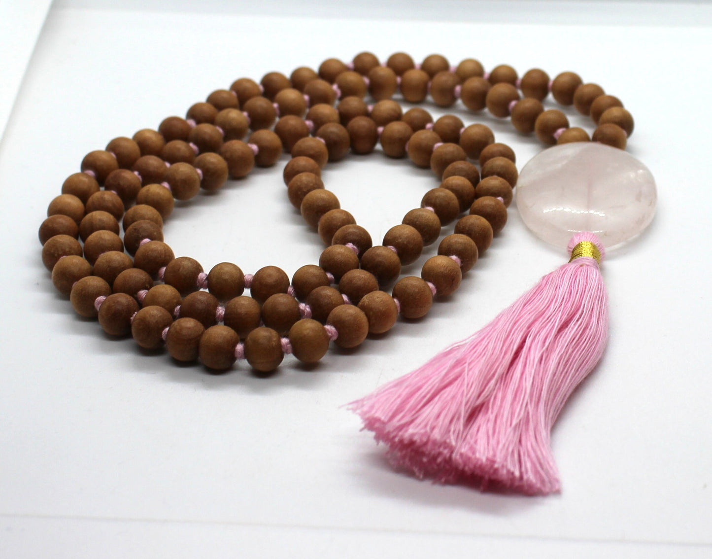 Sandalwood - Rose Quartz Mala Necklace 8 mm, Knotted Sandalwood Mala, 108 Japa Mala Beads, Sandalwood Necklace, Buddhist Prayer Beads