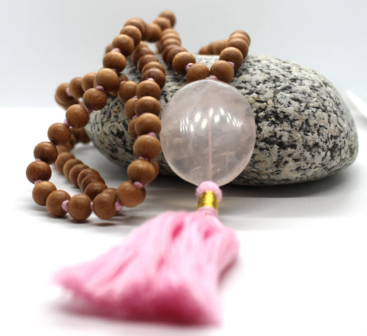 Sandalwood - Rose Quartz Mala Necklace 8 mm, Knotted Sandalwood Mala, 108 Japa Mala Beads, Sandalwood Necklace, Buddhist Prayer Beads