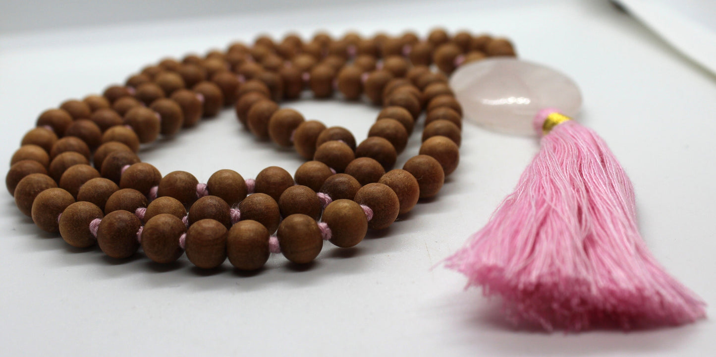 Sandalwood - Rose Quartz Mala Necklace 8 mm, Knotted Sandalwood Mala, 108 Japa Mala Beads, Sandalwood Necklace, Buddhist Prayer Beads