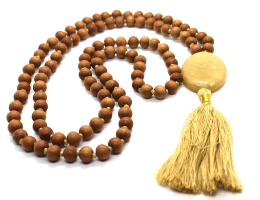 Sandalwood - YELLOW AVENTUINE Mala Necklace 8 mm, Knotted Sandalwood Mala, 108 Japa Mala Beads, Sandalwood Necklace, Buddhist Prayer Beads