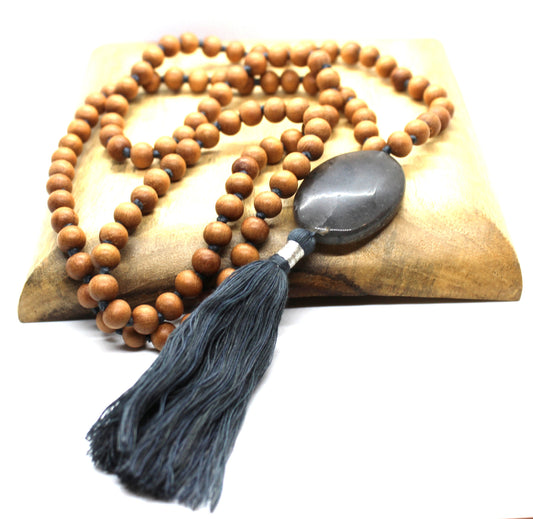 Sandalwood - GREY AVENTUINE Mala Necklace 8 mm, Knotted Sandalwood Mala, 108 Japa Mala Beads, Sandalwood Necklace, Buddhist Prayer Beads