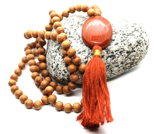 Sandalwood - RED JASPER Mala Necklace 8 mm, Knotted Sandalwood Mala, 108 Japa Mala Beads, Sandalwood Necklace, Buddhist Prayer Beads