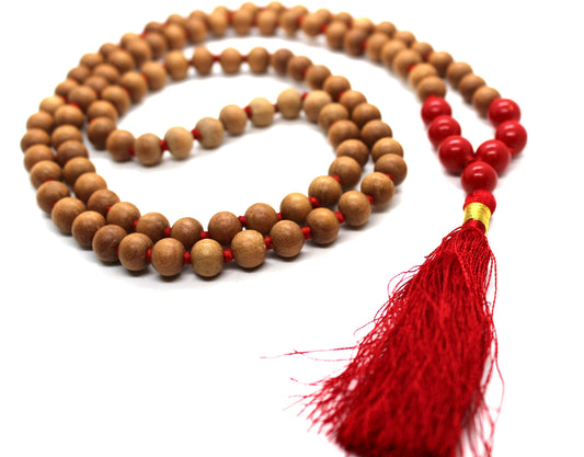 Sandalwood - RED CORAL Mala Necklace 8 mm, Knotted Sandalwood Mala, 108 Japa Mala Beads, Sandalwood Necklace, Buddhist Red Coral Beads