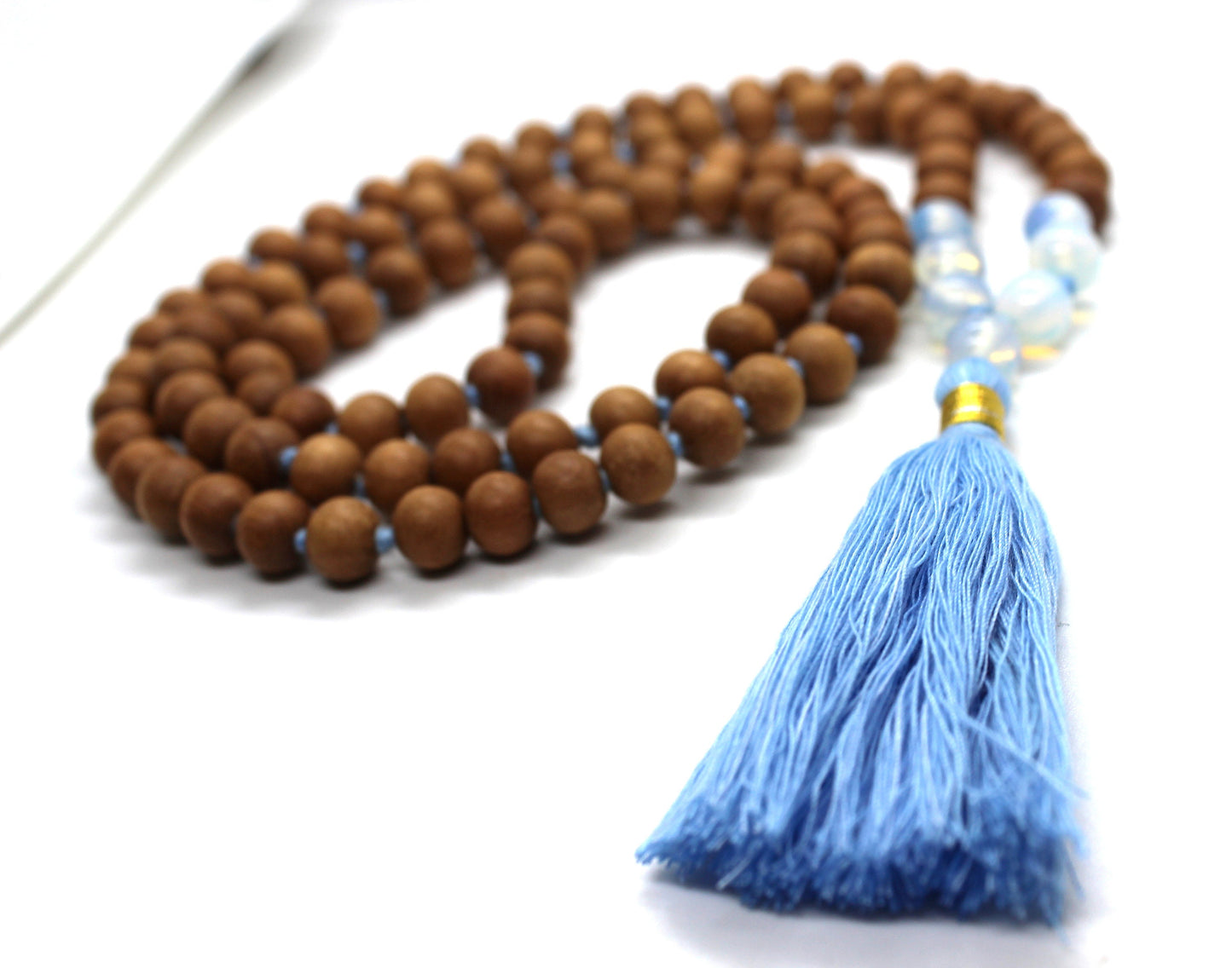 Sandalwood - OPALITE Mala Necklace 8 mm, Knotted Sandalwood Mala, 108 Japa Mala Beads, Sandalwood Opal Necklace, Buddhist Opalite Beads