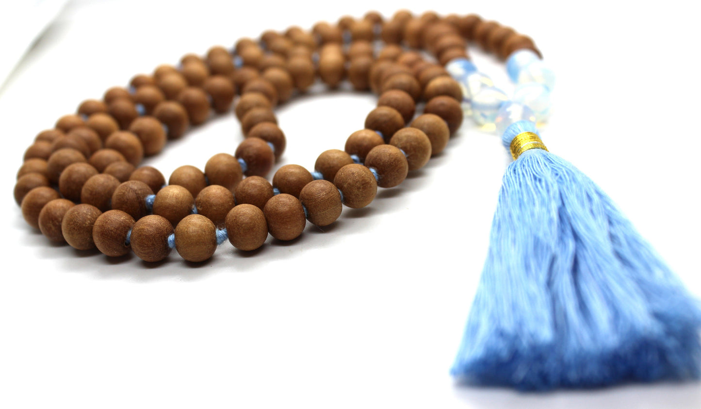 Sandalwood - OPALITE Mala Necklace 8 mm, Knotted Sandalwood Mala, 108 Japa Mala Beads, Sandalwood Opal Necklace, Buddhist Opalite Beads