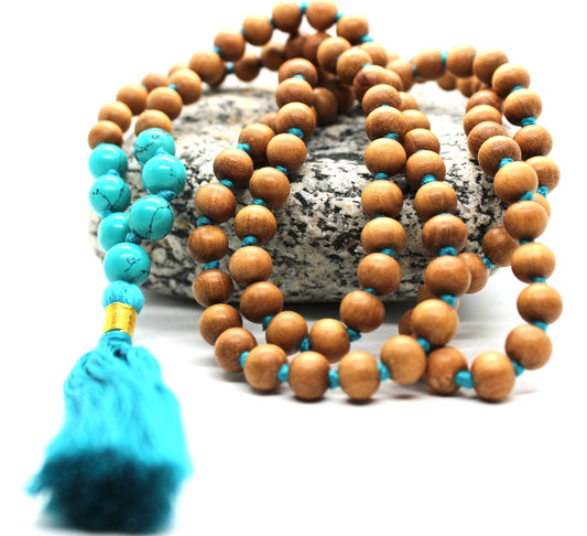 Sandalwood - TURQUOISE Mala Necklace 8 mm, Knotted Sandalwood Mala, 108 Japa Mala Beads, Sandalwood Necklace, Buddhist Turquoise Beads Yoga