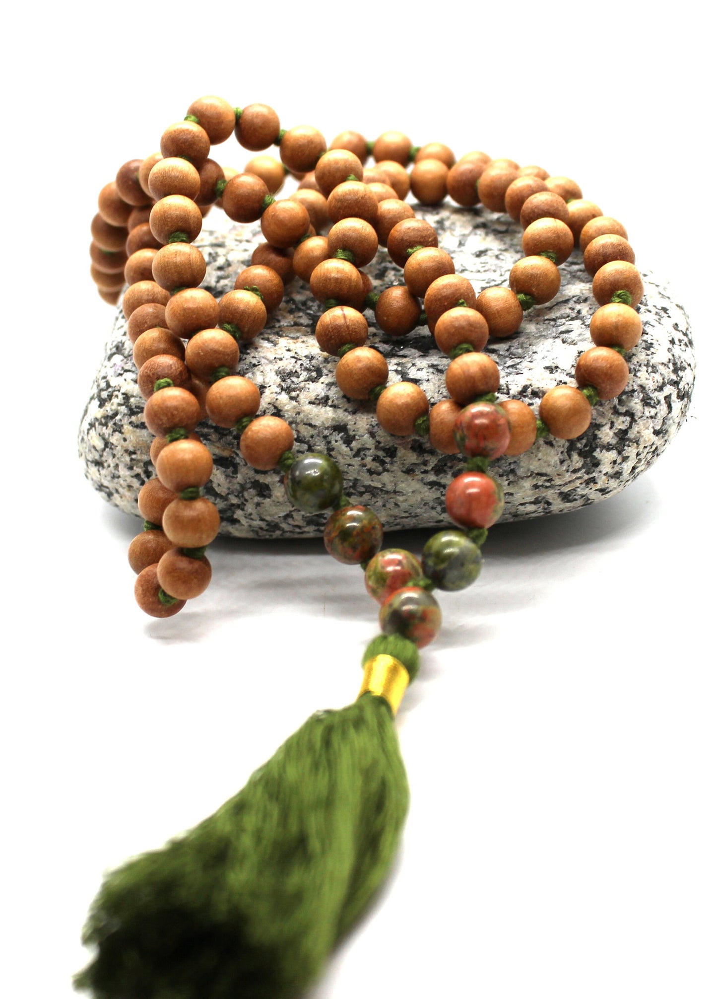 Sandalwood UNAKITE Mala Necklace 8 mm, Knotted Sandalwood Mala, 108 Japa Mala Beads, Sandalwood Necklace, Buddhist Unakite Pink Green Beads