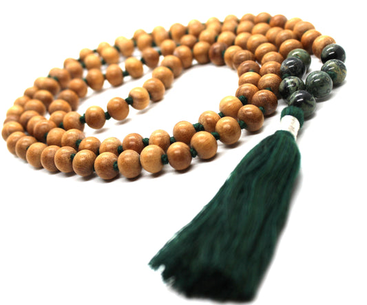 Sandalwood Kambaba Jasper Mala Necklace 8mm Knotted Sandalwood Mala, 108 Japa Mala Beads, Sandalwood Necklace, Buddhist Kambaba Jasper Beads