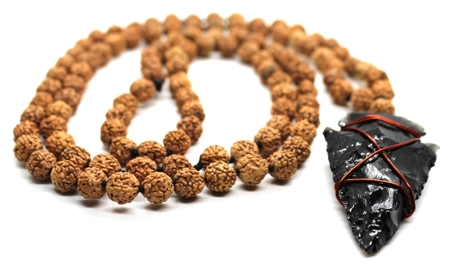 Rudraksha Mala, 5 Mukhi Mala, Rudraksh Meditation Mala Rosary 108 Beads with Black obsidian ARROW head Yoga Hindu PRAYER MEDITATION Raiki