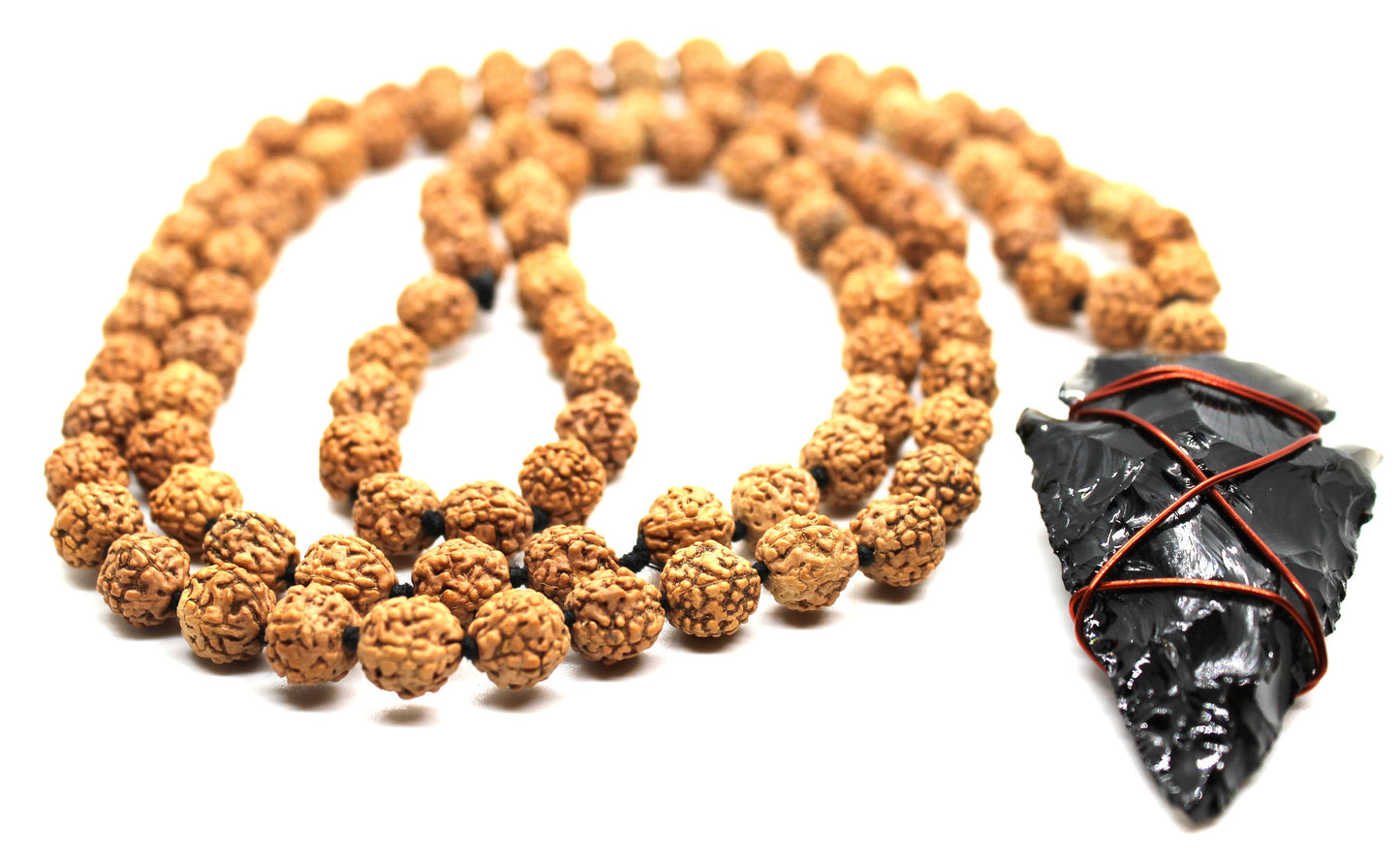 Rudraksha Mala, 5 Mukhi Mala, Rudraksh Meditation Mala Rosary 108 Beads with Black obsidian ARROW head Yoga Hindu PRAYER MEDITATION Raiki