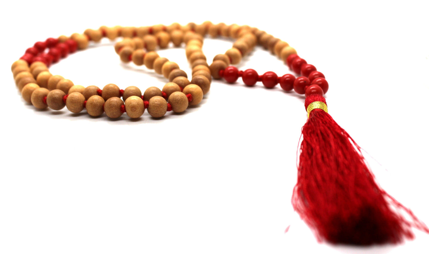Sandalwood mala 6mm, 108 beads rosary, sandalwood japa with Red Coral mala necklace, hindu meditation buddhist tibetan prayer beads Premium