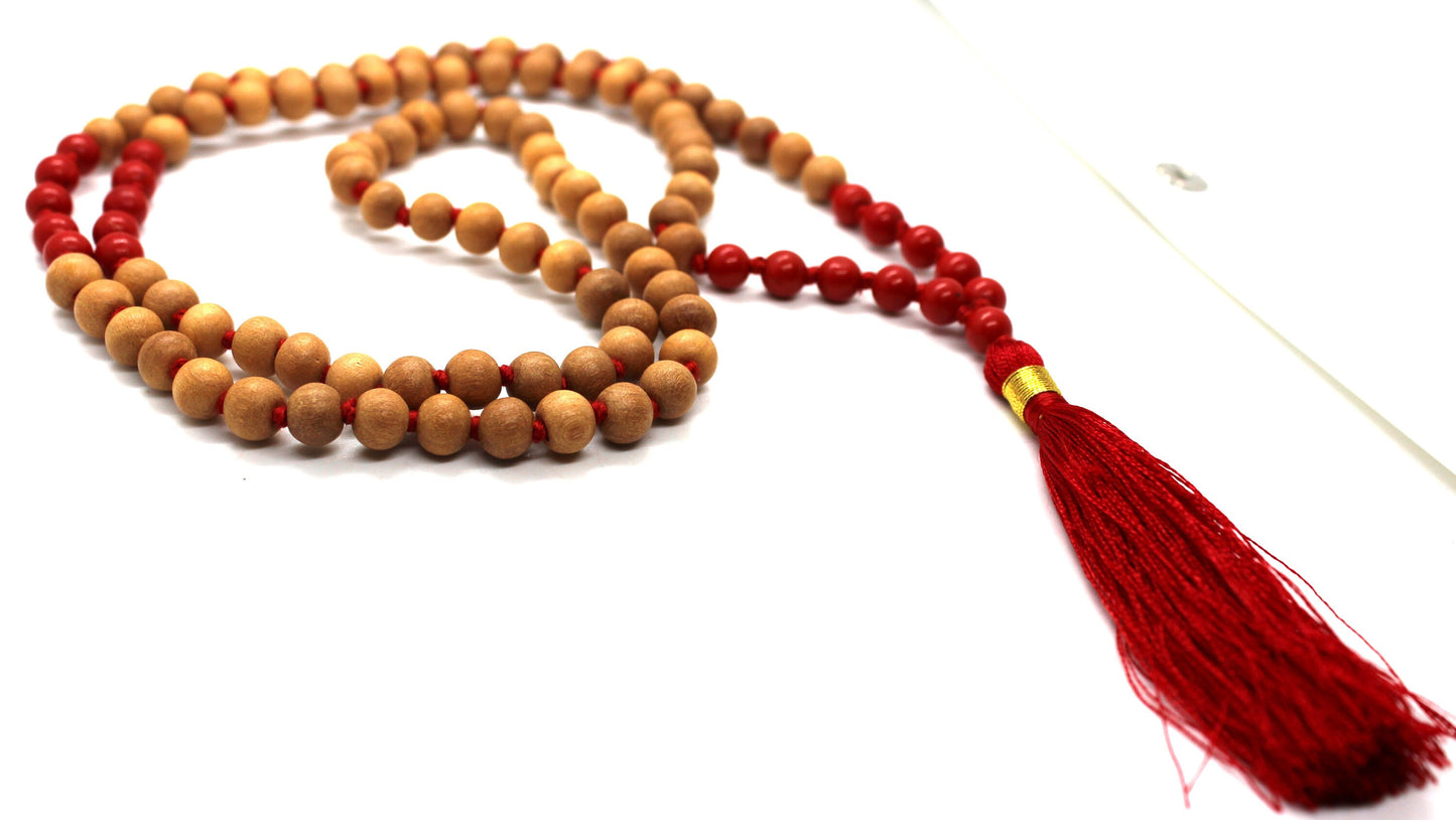 Sandalwood mala 6mm, 108 beads rosary, sandalwood japa with Red Coral mala necklace, hindu meditation buddhist tibetan prayer beads Premium
